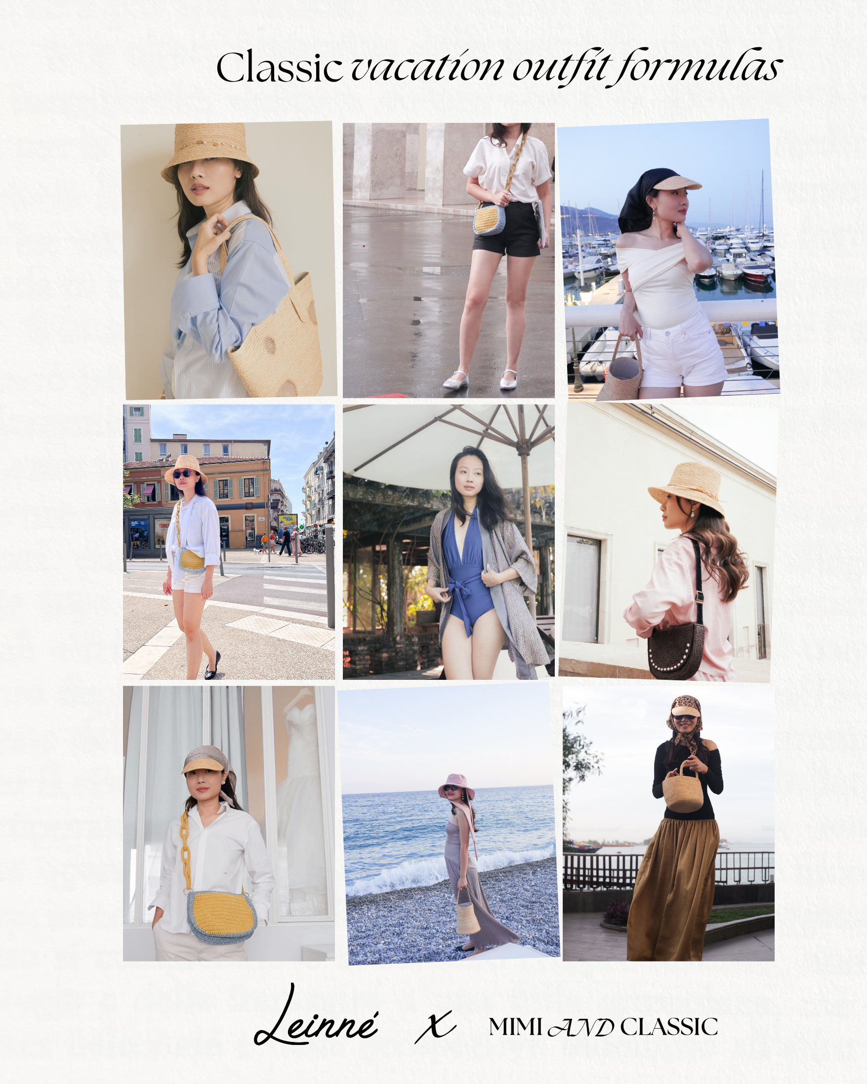 Collage of women in various outfits with text 'Classic vacation outfit formulas' and brand names.