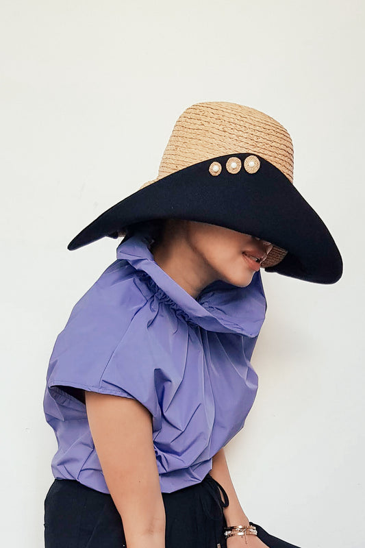 Chapeau Romy à large bord en raphia naturel et toile de coton noire