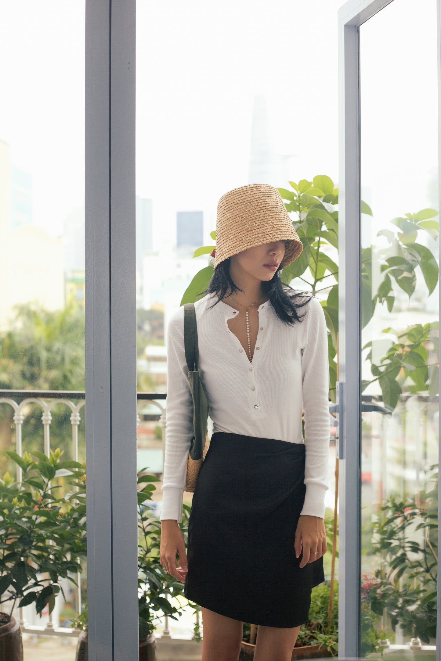 Amber raffia brimless bucket hat