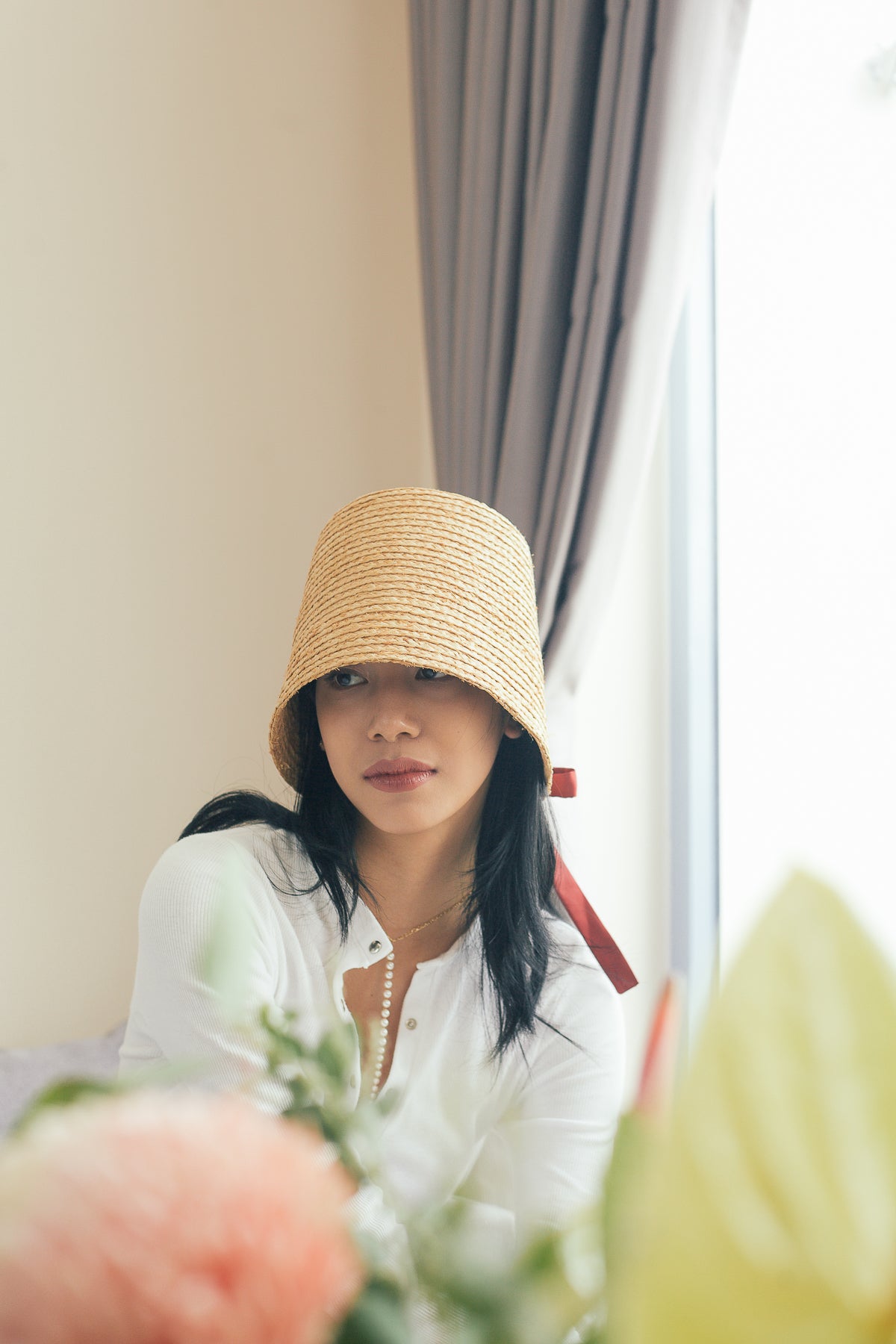 Amber raffia brimless bucket hat
