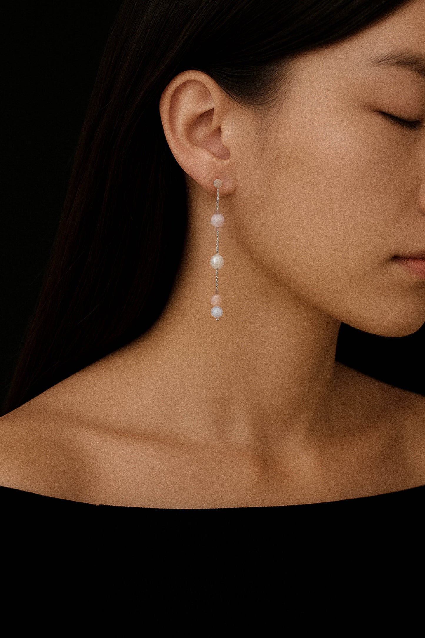 Boucles d'oreilles pendantes morganites et perles