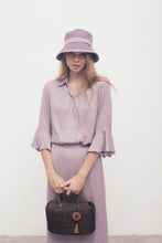 Load image into Gallery viewer, Evelyn purple silk shirt with peplum sleeves