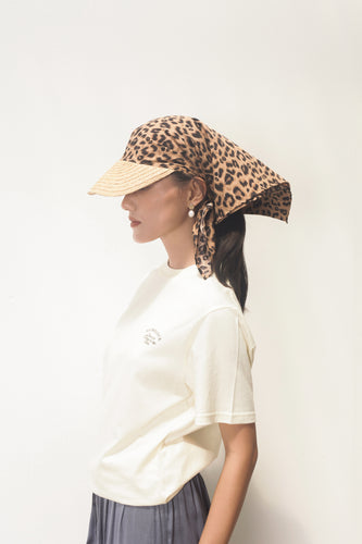 Chapeau foulard Shadan en raphia et soie léopard
