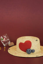 Load image into Gallery viewer, Raffia boater hat in limited edition with heart and rose decoration