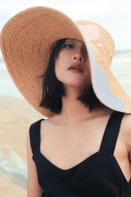 Load image into Gallery viewer, Rivedoux wide brim raffia straw hat with colored strip made from upcycled fabrics