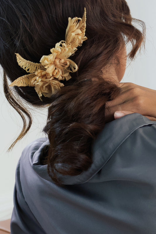 Reflective Pace - Resort 2020, Eco luxury, Amytis hair slide, Raffia
