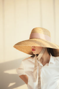 Angie wide brim raffia hat with round crown and long laces