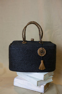Bohemenian hand bag, black raffia