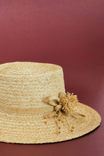 Load image into Gallery viewer, Gardenia raffia hat with flat crown and handmade floral pattern