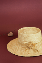 Load image into Gallery viewer, Gardenia raffia hat with flat crown and handmade floral pattern