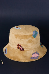 Bucket hat made from eco fur with colorful leopard pieces