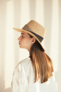 Lucyna raffia fedora hat with two-color mixed band and high crown