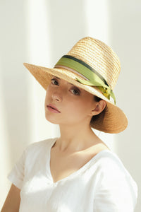 Modernist raffia classic hat with high crown and downturn brim