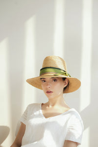 Modernist raffia classic hat with high crown and downturn brim