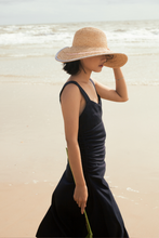 Load image into Gallery viewer, Sunrise raffia straw hat with a round crown and V-shape detail on the brim