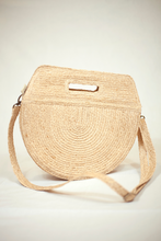 Load image into Gallery viewer, Marjolie bag, When you look at marjorlie you can think of pictures of faces. The curve of the bag is sewn smooth. The outer surface is natural raffia knit creating a balance between color and shape. Thick lining.Formscape, Raffia, soft moon light, Eco luxury