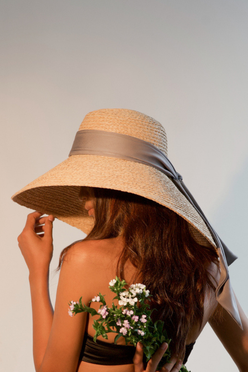 Bernadine raffia straw hat with silk laces at the back